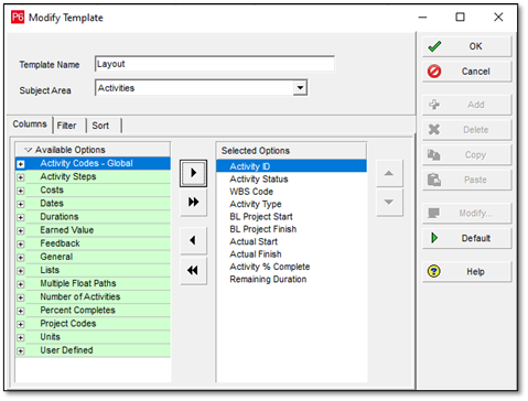 updating primavera p6 layout columns