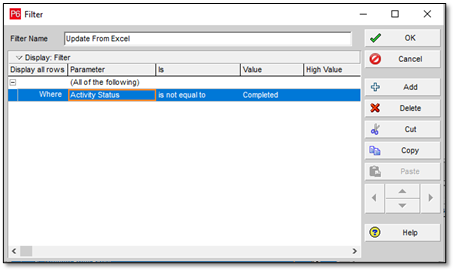 updating primavera p6 filter