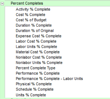 % Complete Fields Primavera P6